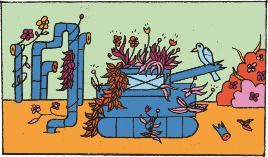Illustration: Ein blauer Panzer mit abgebrochener Kanone wird von Blumen überwuchert.
