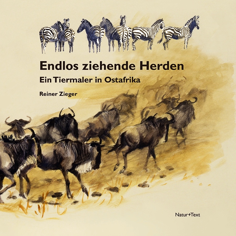 Buchcover mit Zeichnungen: Oben stehen einige Zebras, unten läuft eine Herde Wildrinder schnell vorbei. Dazwischen recht klein der Buchtitel auf überwiegend ockergelbem Hintergrund.