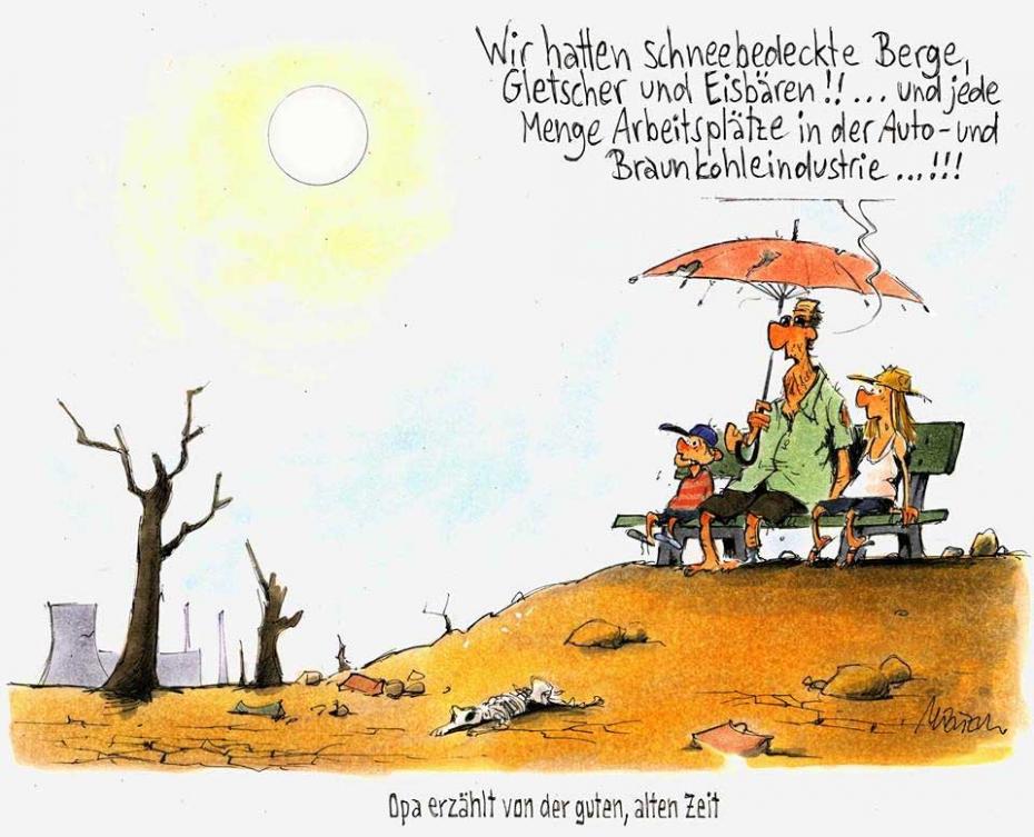 Eine Karikatur auf der eine Wüstenlandschaft ist und ein Opa mit einen Enekelkindern auf einer Bank sitzt ubnd erzählt wie es den früheren Zeiten war.